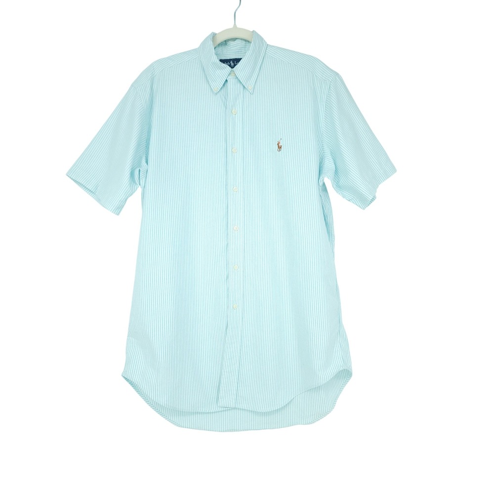 Ralph Lauren ButtonUp Mens M Teal Blue Stripe Woven Cotton Classic Fit Preppy